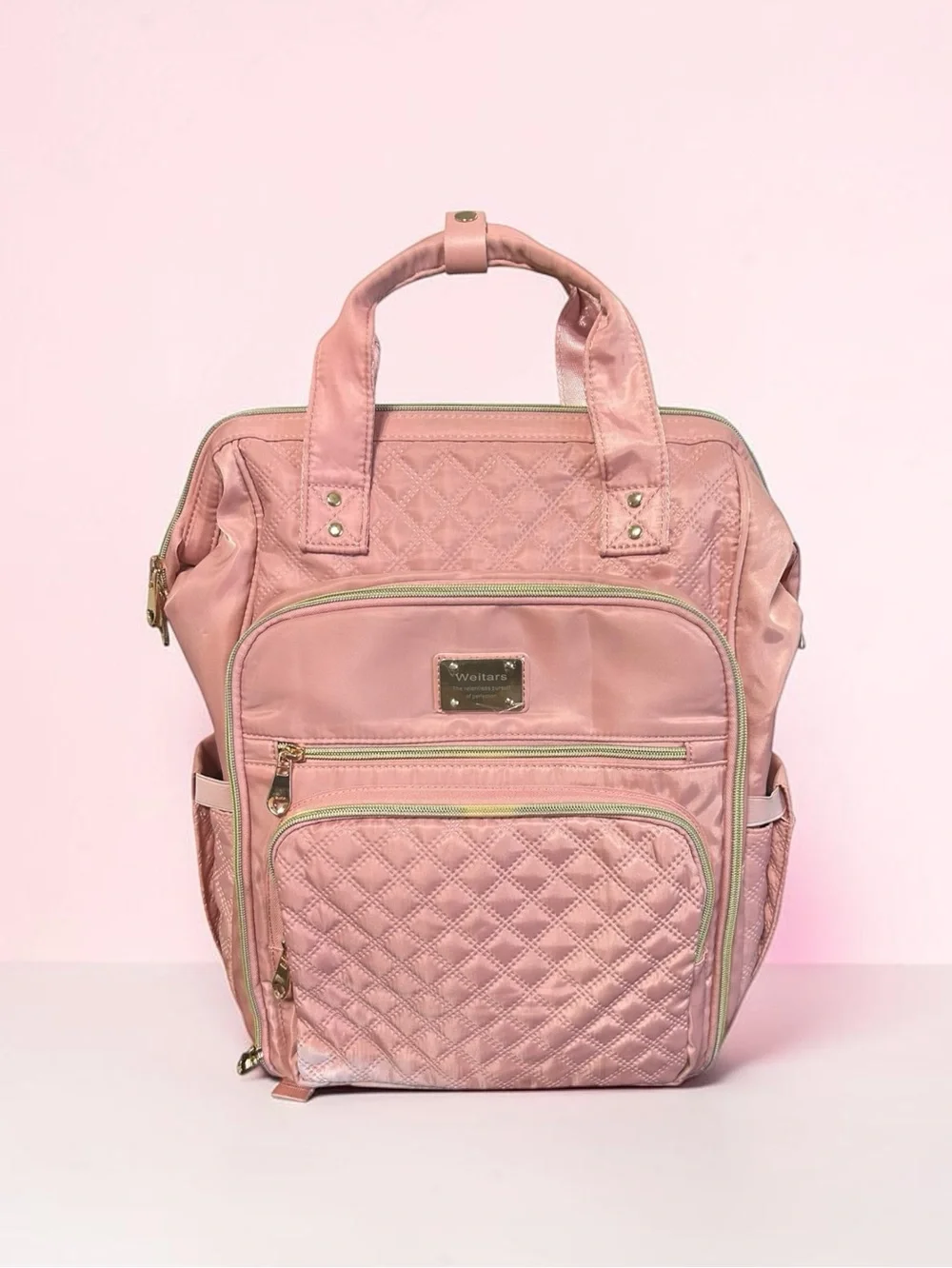 Weitars Pink Quilted Diaper Bag Backpack Large Multi-Pocket Baby Travel Bag.